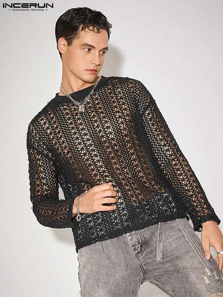 

Красивые хорошо облегающие Топы INCERUN, новые мужские вертикальные свободные футболки с вырезами, сексуальные мужские прозрачные тонкие футб...