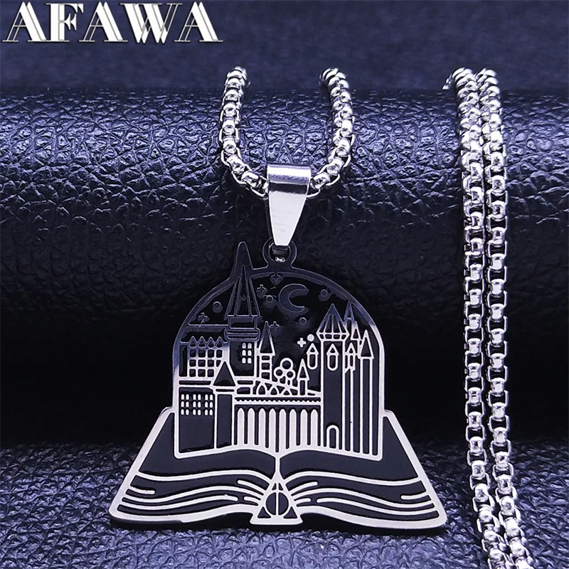 

Stainless Steel Magic School Chain Necklace Women/Men Silver Color Book House Pendants Necklaces Jewelry chaine collier N3710S02