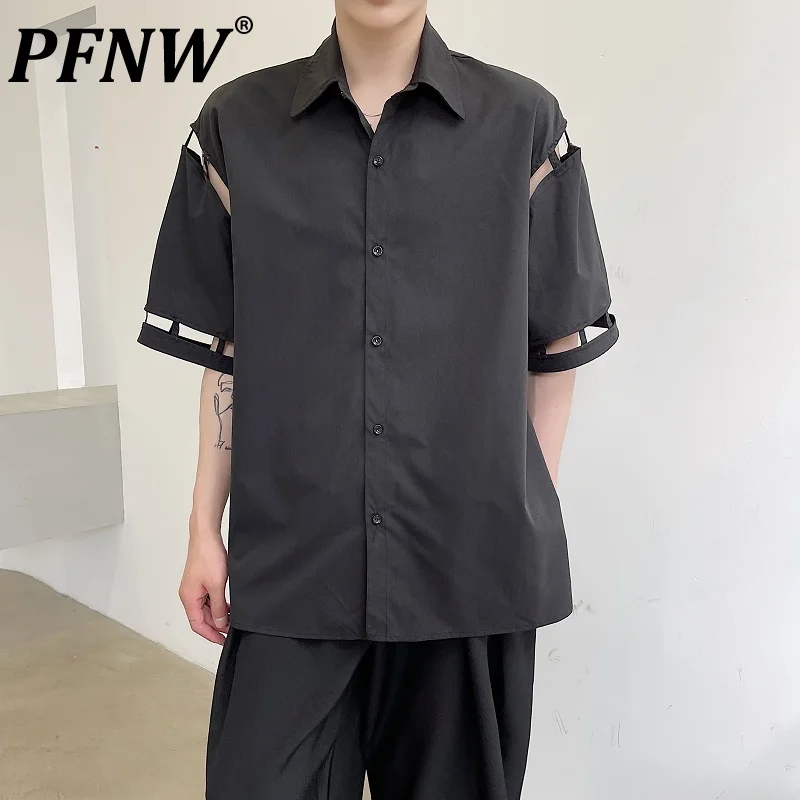 

PFNW Summer New Men's Trendy Simplicity Darkwear Hollowed Out Shirts Casual Irregular Breathable Turn-down Collar Tops 12A9941