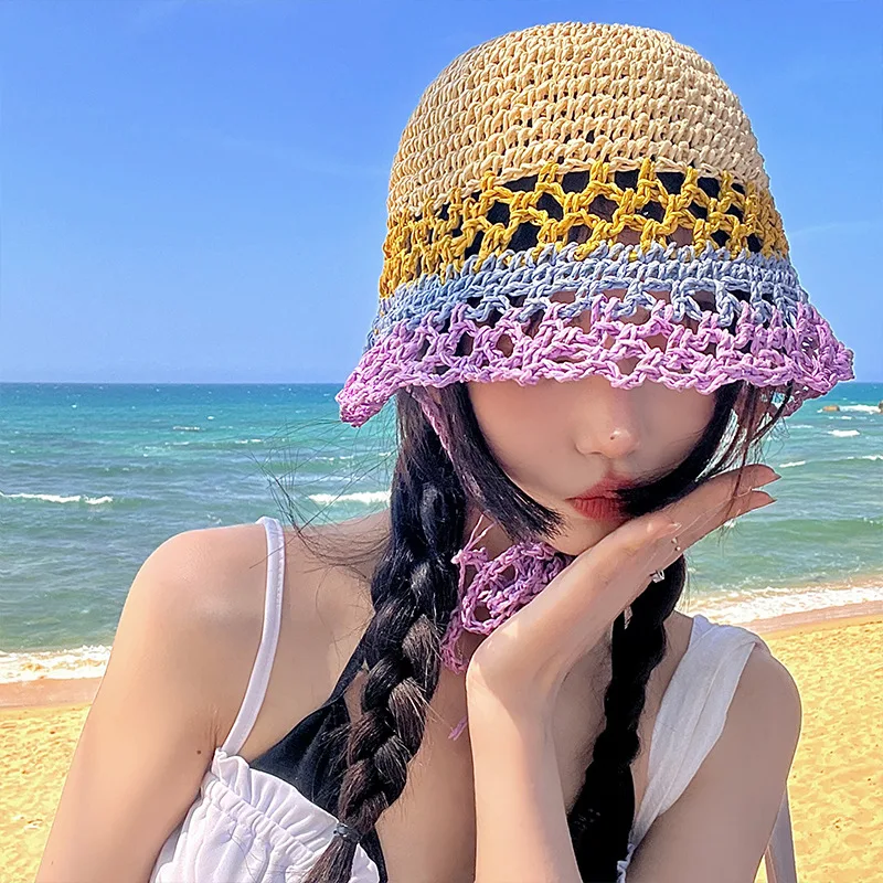 

New Women Color Matching Woven Straw Hat Summer Hollow Breathable Sunscreen Bucket Fisherman Cap Gorras Para Mujer 2023