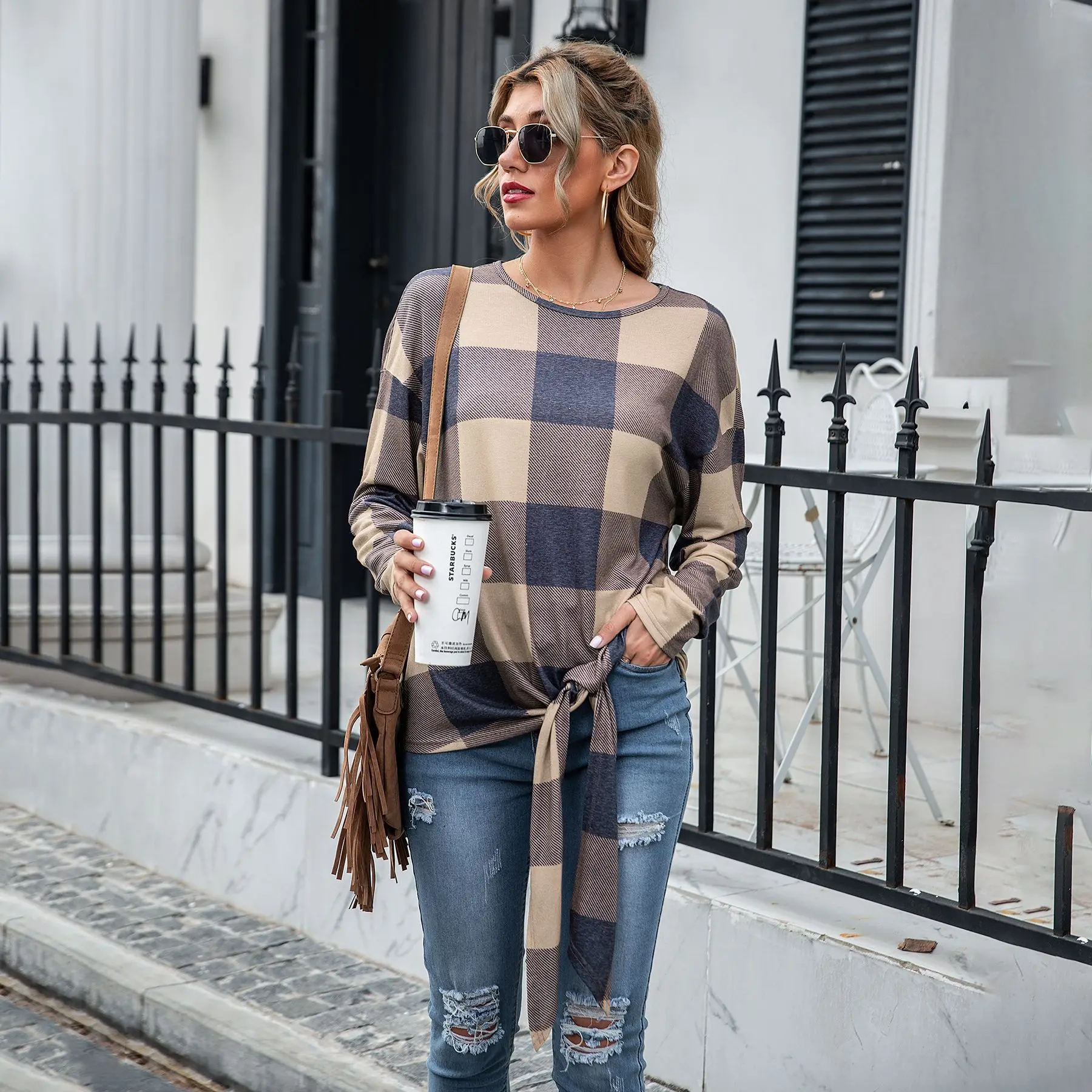 

3 colors Women's Srping Autumn Fashion Casual Plaid T-shirts O-Neck Long Sleeve Loose Tops Elegant Office Large Size T-shirt