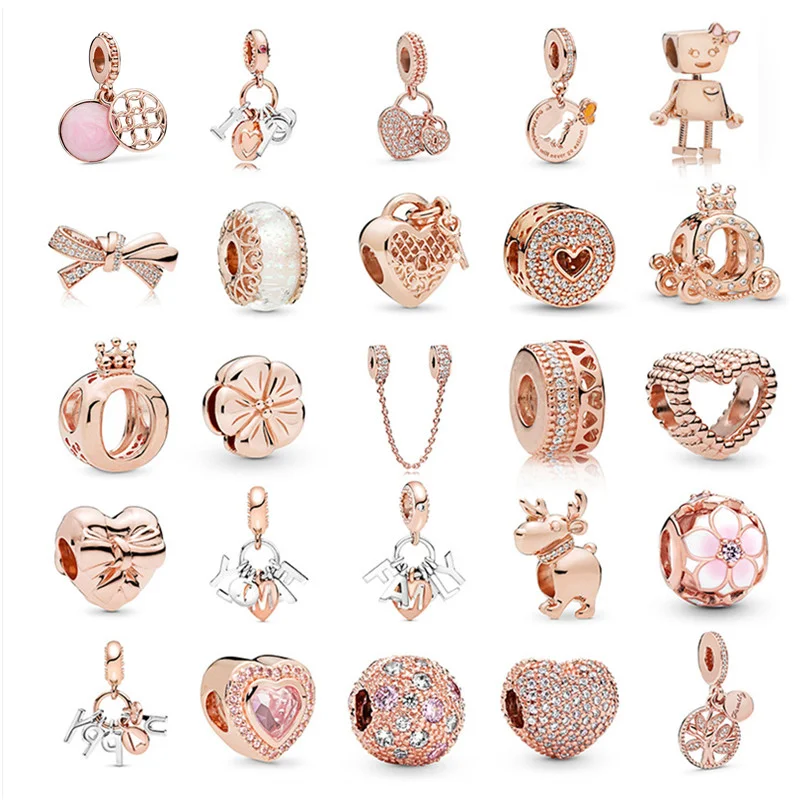 

New Rose Gold Series Beads Bow Heart-Shaped Beads Fit Original 925 Pandora Silver Bracelet Bead for Women Jewelry Making
