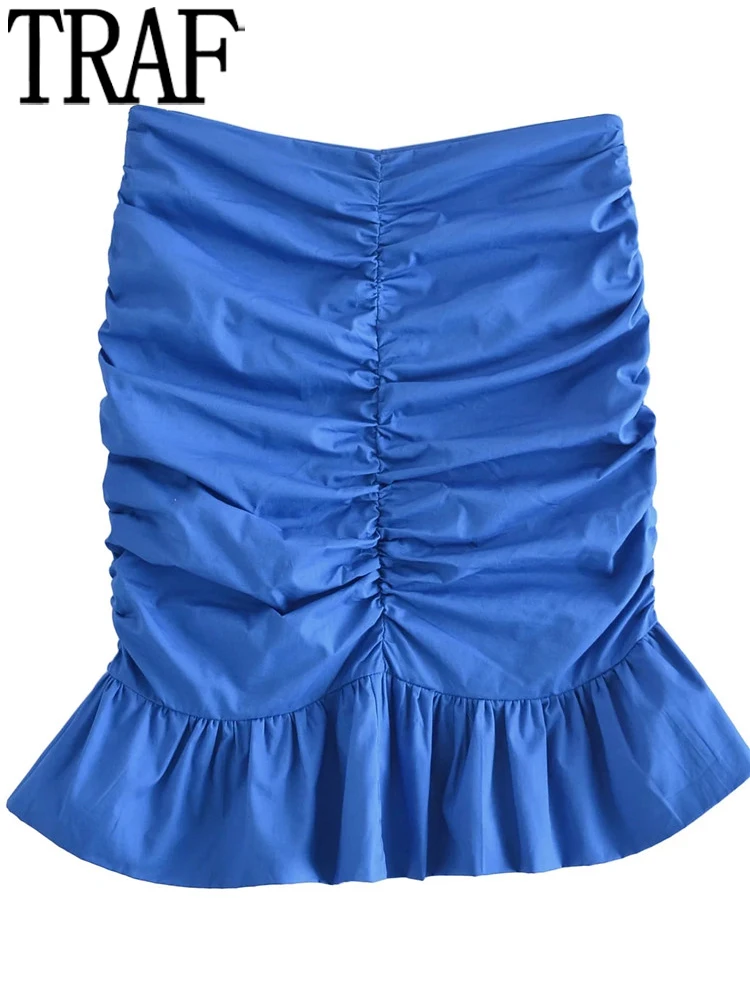 

TRAF 2022 Ruffle Mini Skirt Women Bodycon Ruched Short Skirts Woman High Waist Tight Blue Skirt Y2k Streetwear Summer Skirts
