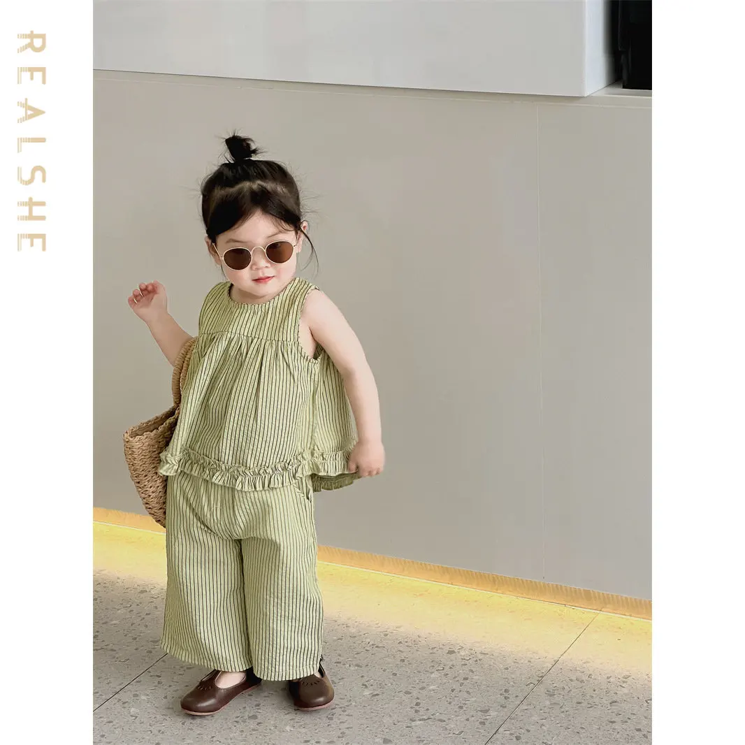 

2023 Fashion New Childrens Summer Suits for Kids Striped O Neck Sleeveless T-shirts and Pants Baby Clothing Set