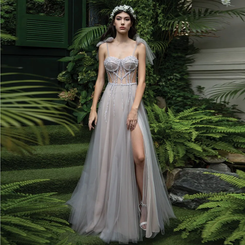 Contas de Espaguete Alças até o Chão Vestido de Festa Vestidos de Noiva Novo Boho Vestidos Tule Contas Tamanho Grande Fenda Sheer Sexy Vestido Feminino
