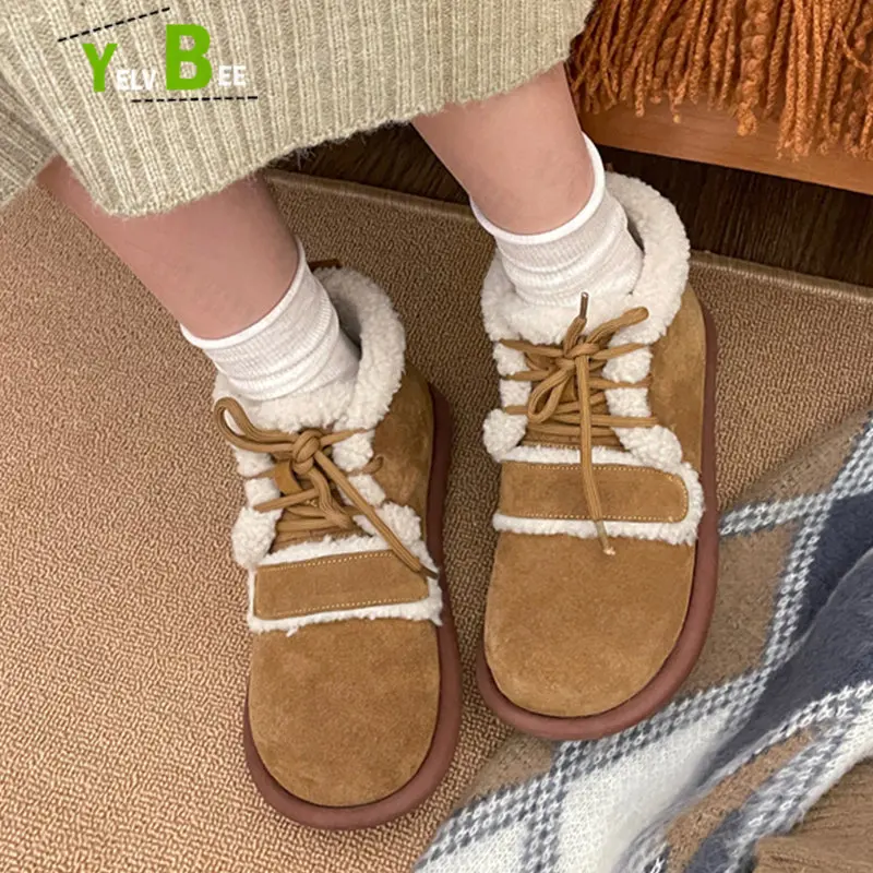 

Women Retro Cross Tied Plush Warm Ankle Shoes Platform Fashion New Winter Flats Chelsea Boots Snow Non Slip Mujer Zapatos 2022