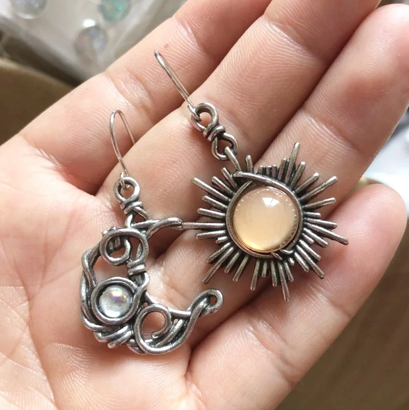 

Boho Opal Sun and Moon Drop Dangle Earrings Moonstone Natural Stone Hook Earring for Women Girls Silver Celestial Jewelry