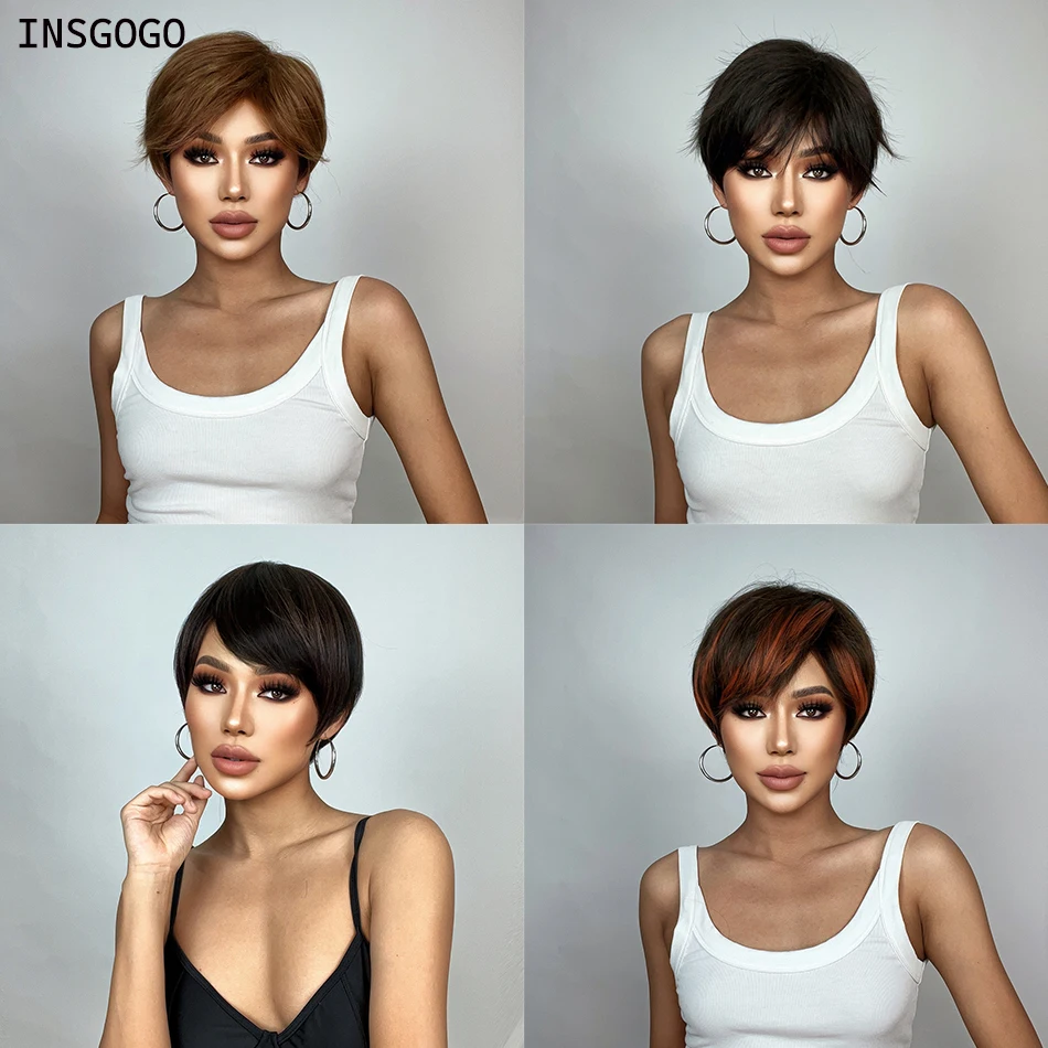 

INSGOGO Short Straight Synthetic Wigs With Bangs For Black Women Heat Resistant Natural Daily Party Machine Made Hair 2023