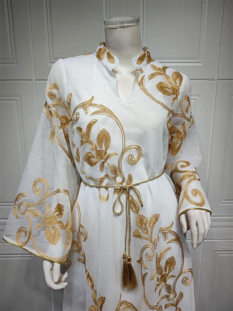 Muslim Woman Abaya Turkey New 2023 Floral Mesh Embroidery Belted Kaftan Big Hem Dress Ramadan Jalabiya