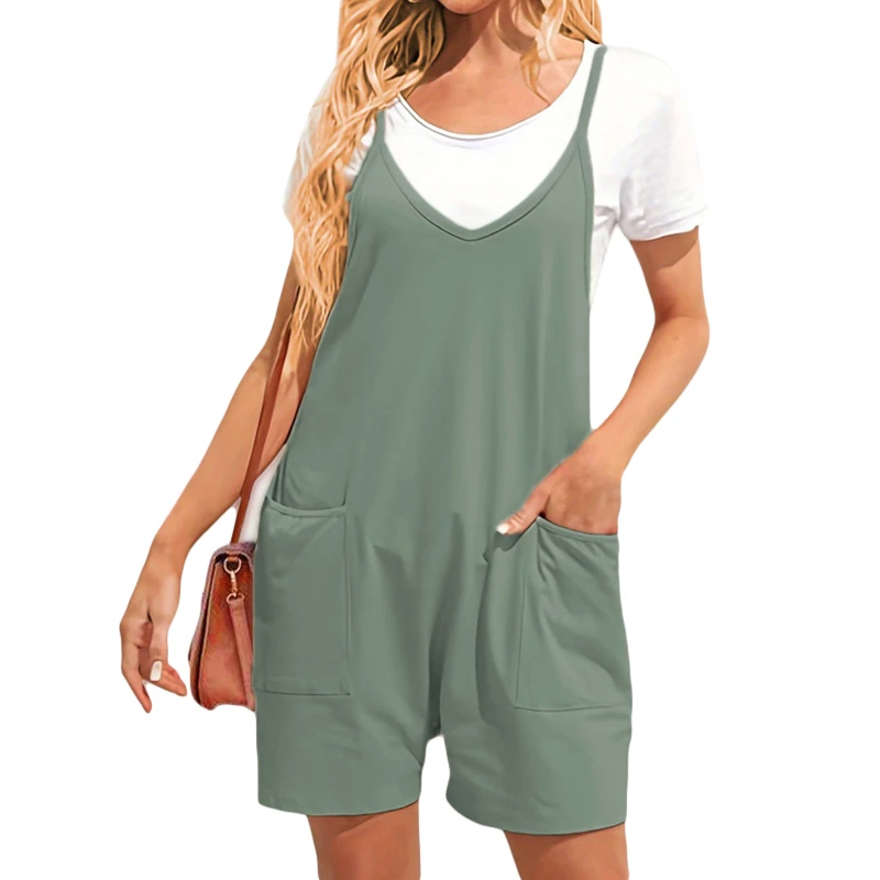 

2023 Summer Solid Color Rompers Women Boho V-Neck Loose Short Jumpsuit Casual Pocket Stitching Sleeveless Rompers Playsuits