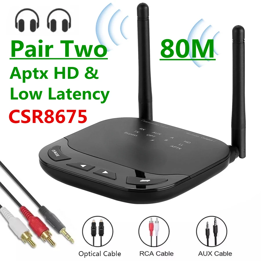 

CSR8675 AptX HD LL Bluetooth 5.0 Transmitter Receiver Bypass SPDIF AUX 3.5mm Wireless Audio Adapter for TV PC Car Headphones