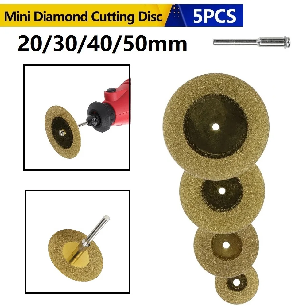 

5Pcs Mini Diamond Cutting Disc 20/30/40/50mm Circular Saw Blade Carving Grinding Wheel Rotary Abrasive Tool With Connecting Rod