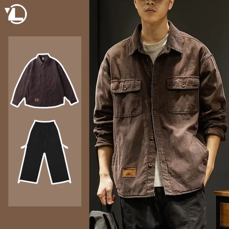 

Autumn Japanese Men Set Harajuku Suits Casual Thicken Long Sleeve Shirt Coat+Tactical Big Pocket Sports Trousers Two Piece Set