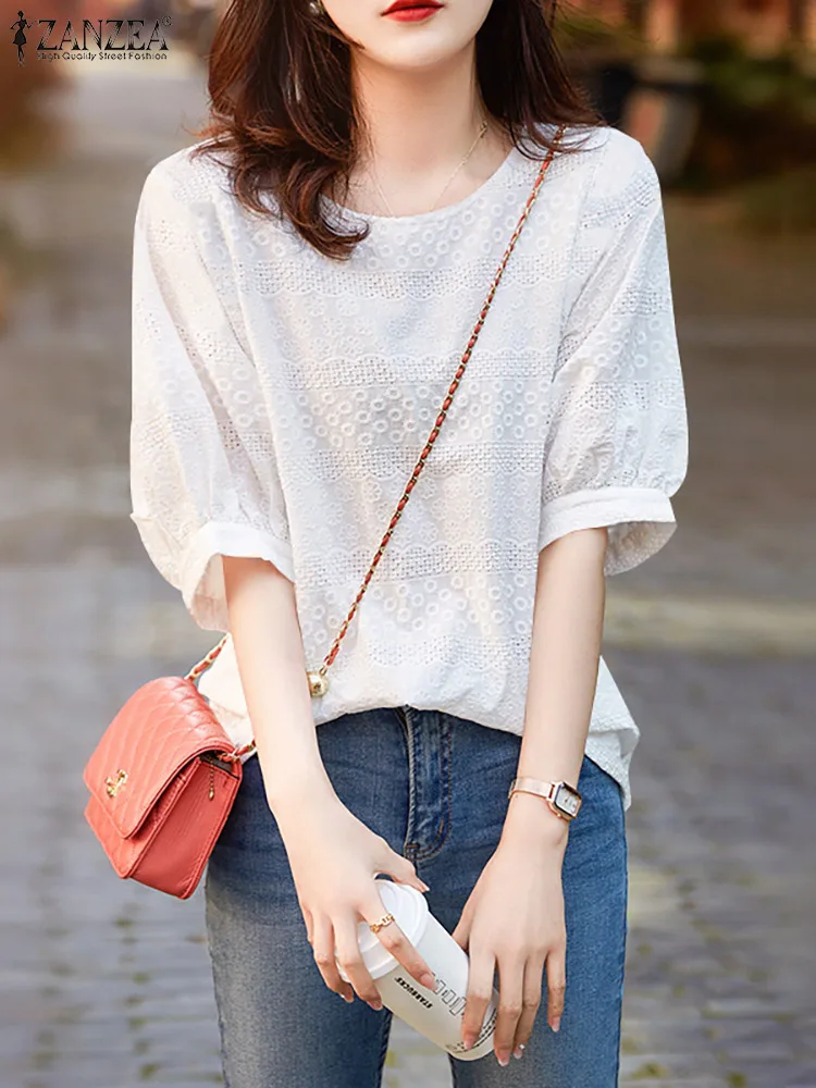 

2022 ZANZEA Summer Eleagnt Women's Blouse Solid Half Sleeve O-Neck Chic Cotton Shirt Female Fashion Casual Loose Holiday Tops