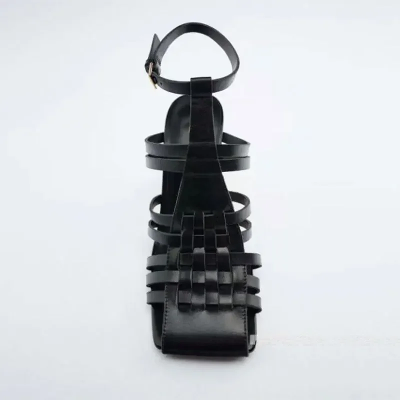 Тканые сандалии с квадратным носком и открытой спиной женская обувь на высоком