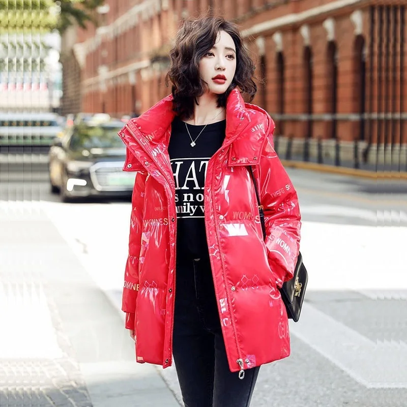 

Women Winter Short Glossy Down Cotton-padded Coat Red Black Letter Print Stand Collar Hooded Female Warm Cotton Parkas Outerwear