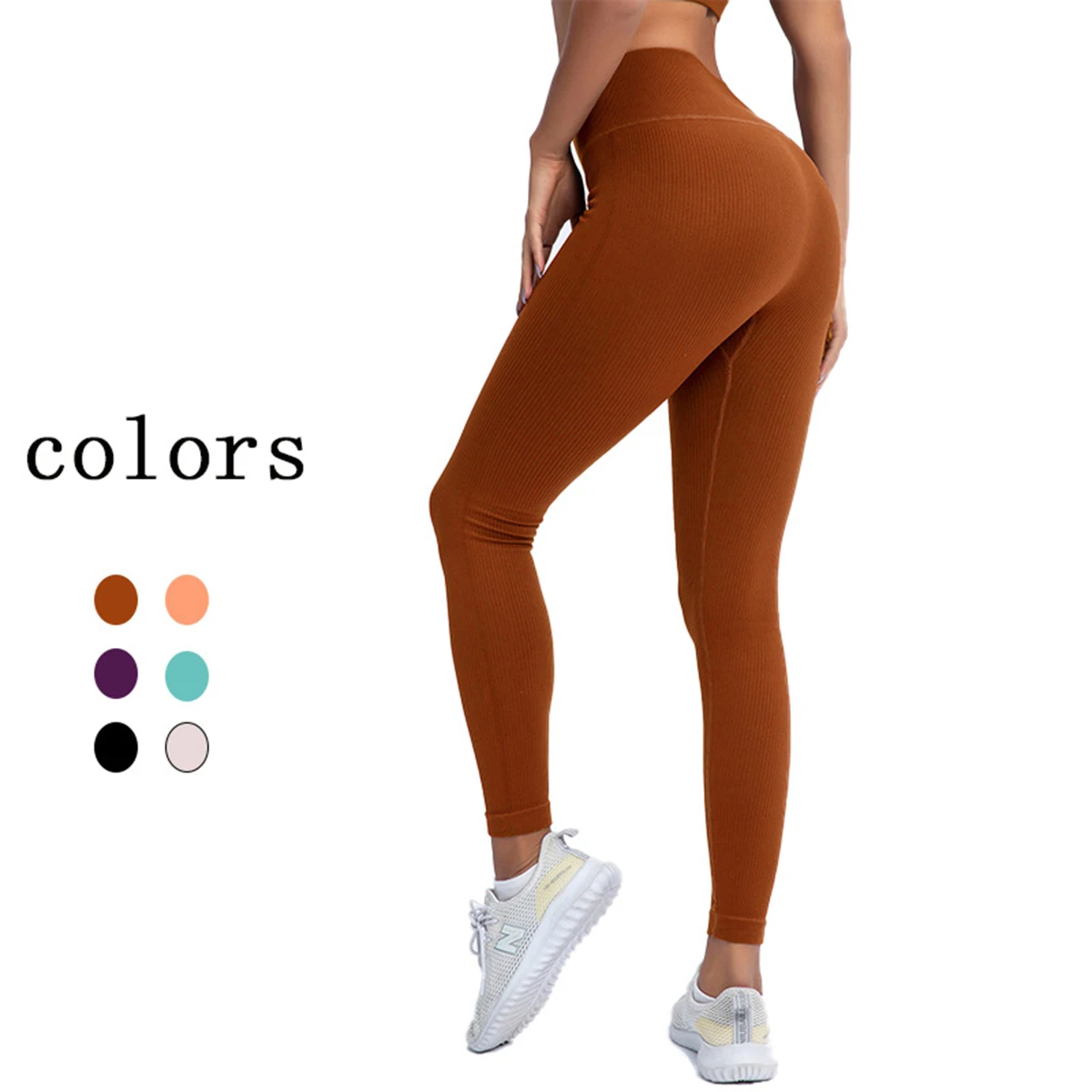 

Леггинсы однотонные с резьбой и высокой талией, Джоггеры для бодибилдинга, брюки персикового цвета с завышенной талией для бега, фитнеса, эластичные облегающие штаны для йоги