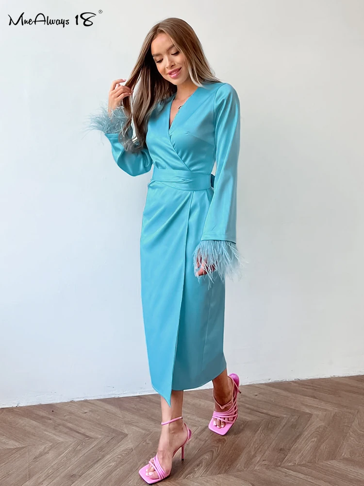 Mnealways18 Lace-Up Chic Bow Evening Feathers Dress Women Party Sexy Wrap Dress Midi Ladies Satin Slit Dress Elegant V-Neck 2023