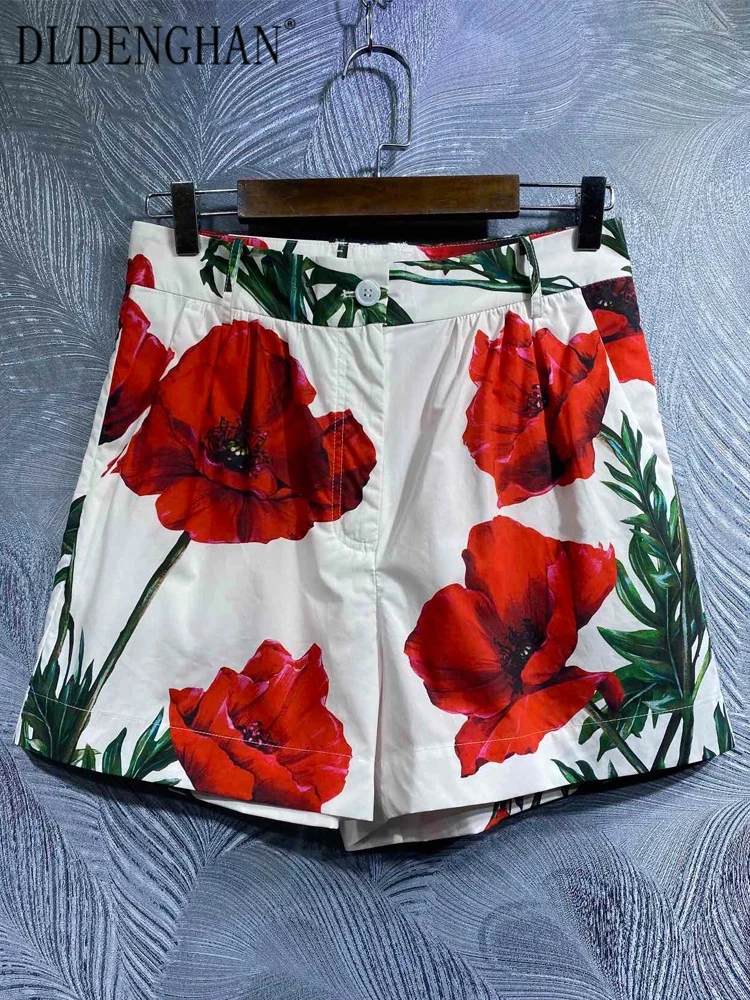 

DLDENGHAN Spring Summer Women 100% Cotton Shorts Runway High Street Flowers Print Sicily High Waist Shorts Designer New
