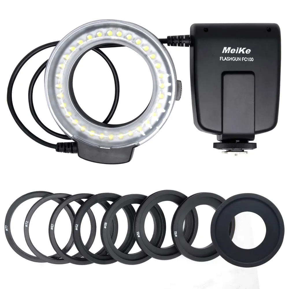 Фото Meike FC-100 FC100 Ручная светодиодная макрокольцевая вспышка с 7-переходным кольцом для цифровой зеркальной камеры Canon Nikon Olympus Pentax №5
