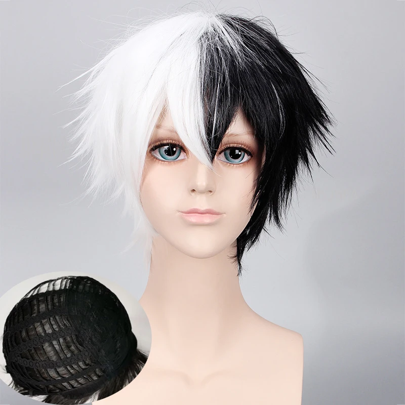 

High Quality Anime Danganronpa Monokuma Cosplay Wig Dangan Ronpa Half Black And White Heat Resistant Synthetic Hair Wigs +WigCap