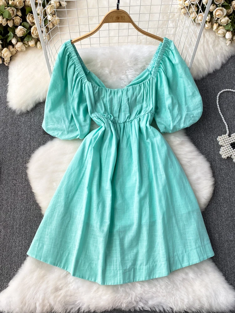 

FMFSSOM New Casual Spring Summer Solid Slim Short Lady Dress A Line Slash Neck Chiffon Puff Sleeve Mid-Calf Women Dresses