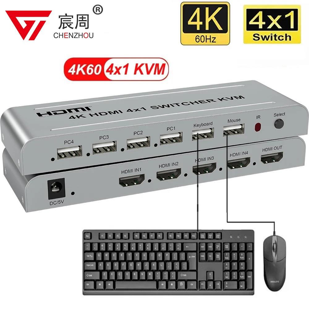 4K 60 Гц 4x1 HDMI KVM переключатель 4 в 1 аудио видео преобразователь USB клавиатура мышь управление 4 ноутбук ПК, компьютер к телевизору проектор 4K HDMI KVM Switch 4 in 1 out 4K 30Hz 4 Port HDMI USB KVM Switcher 4x1