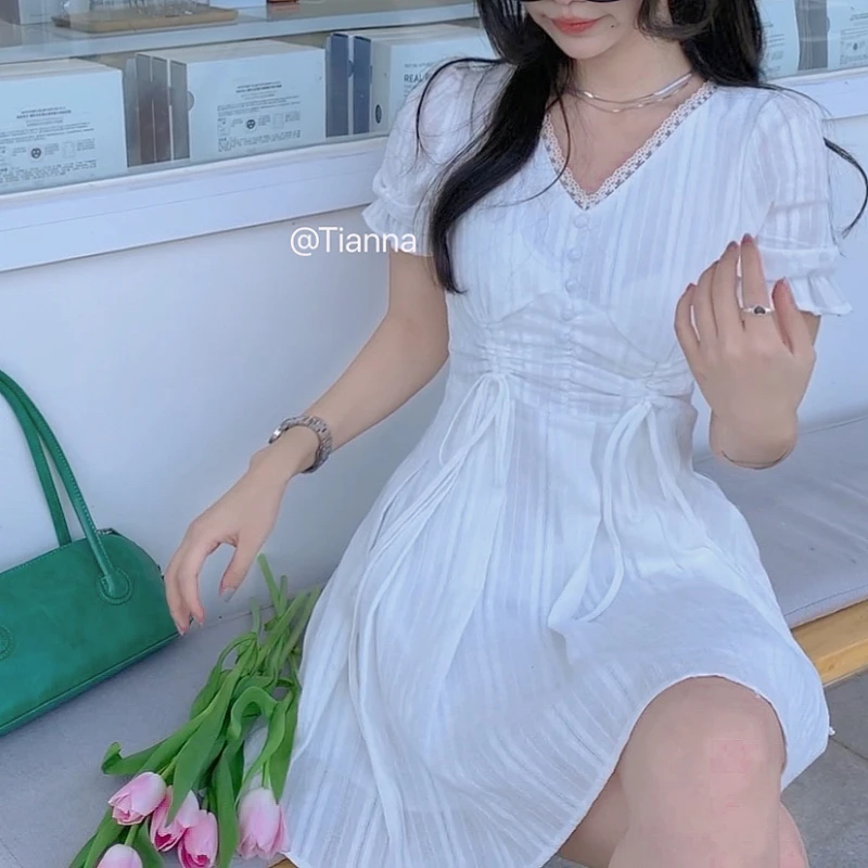 

2022 Elegant Kawaii Mini Dress Women Summer Beach Light Pleated Dress Korean Style Fashion Lace-up Puff Sleeve dress