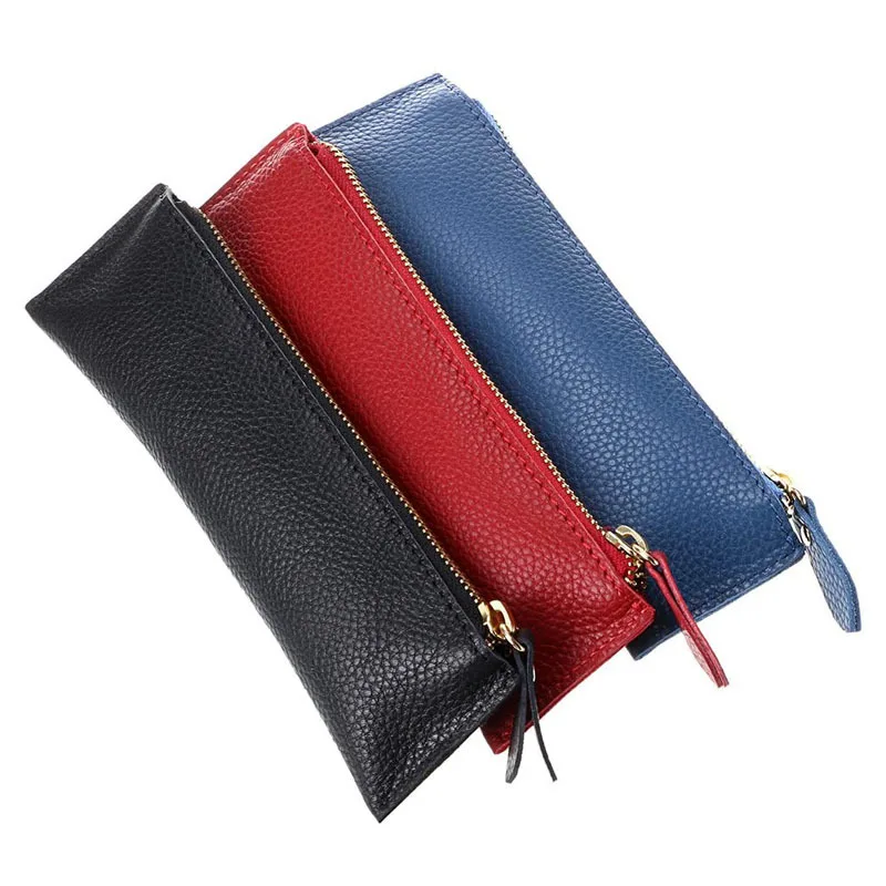 

21*6cm Children Students Pencil Bag Zipper Genuine Leather Pens Stationery Storage Bag Holder Vintage Retro Pencil Case Pouch