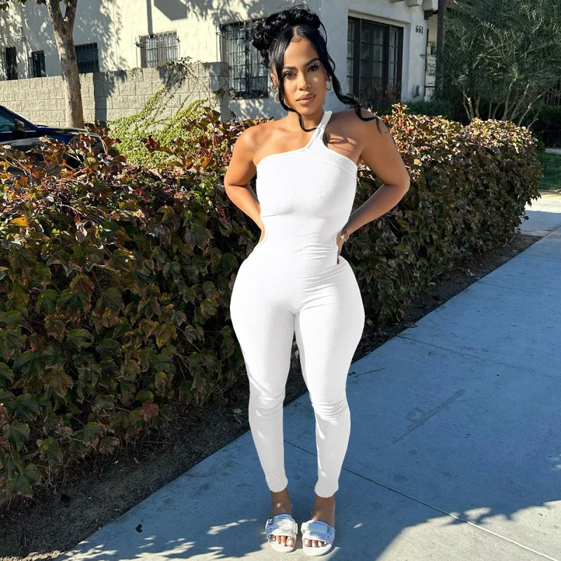 Sexy Ribbed One Shoulder Sleeveless Backless Bodycon Skinny Jumpsuit for Female