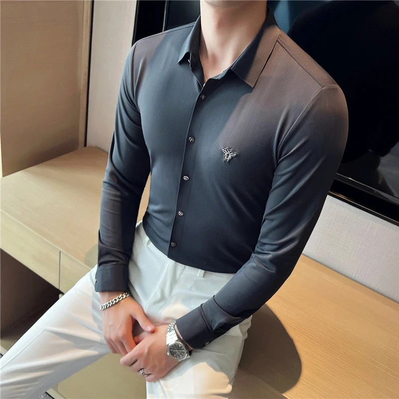 High Elasticity Striped Shirts Men Autumn Long Sleeve Slim Casual Shirt Breathable Social Party Tuxedo Blouse Camisa Masculina