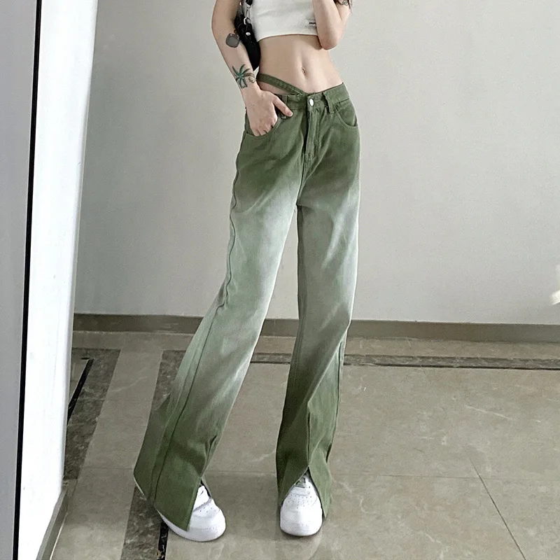 Women 2021 European and American Fashion Personality Asymmetrical Belt Tie-dye Gradient Color Straight Casual Denim Trousers