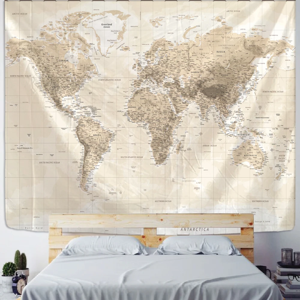 Желтый гобелен в стиле ретро с картой настенный бохо Минималистичная