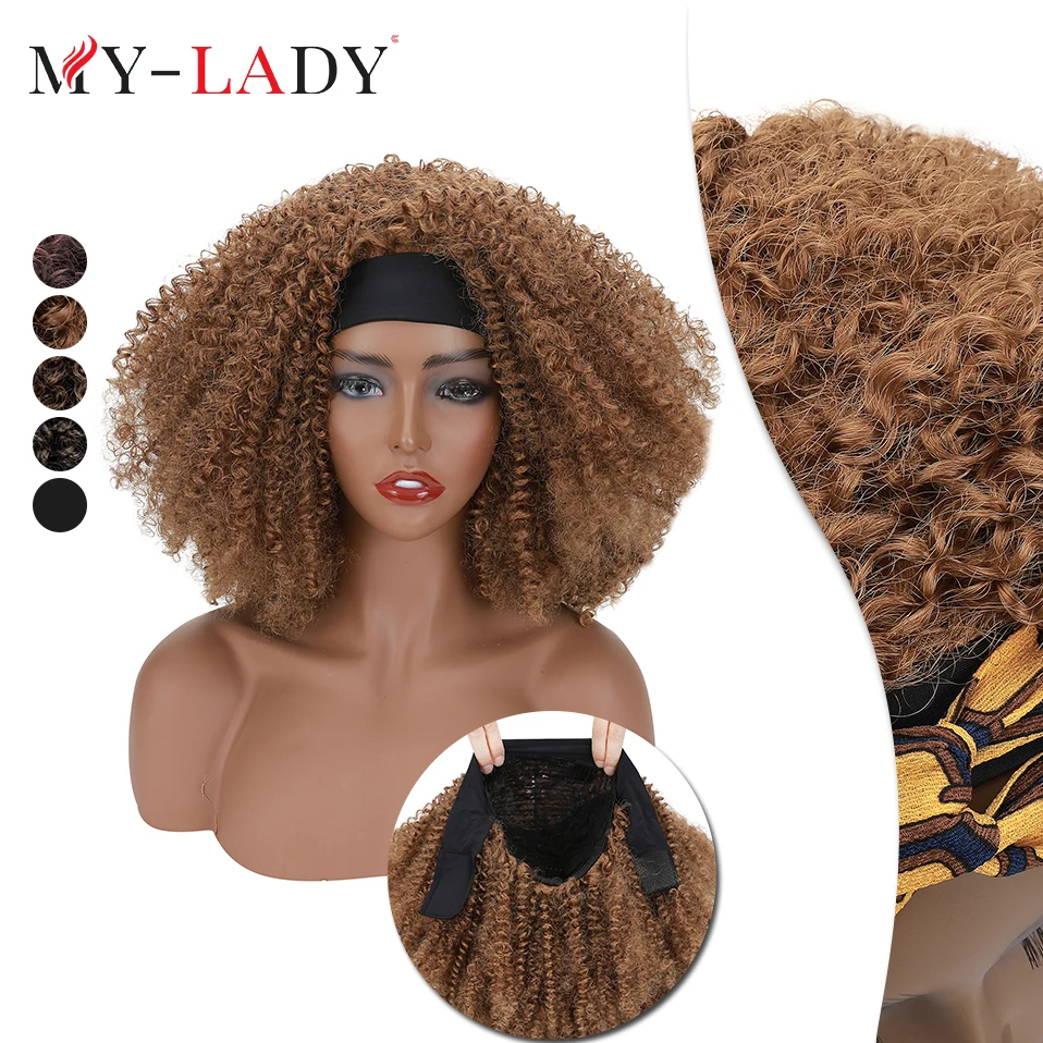 

My-Lady Synthetic Wig with Headband Brazil Kinky Curly Wigs For Black Women Machine Made Afro Blonde fluffy Glueless Scarf Wig