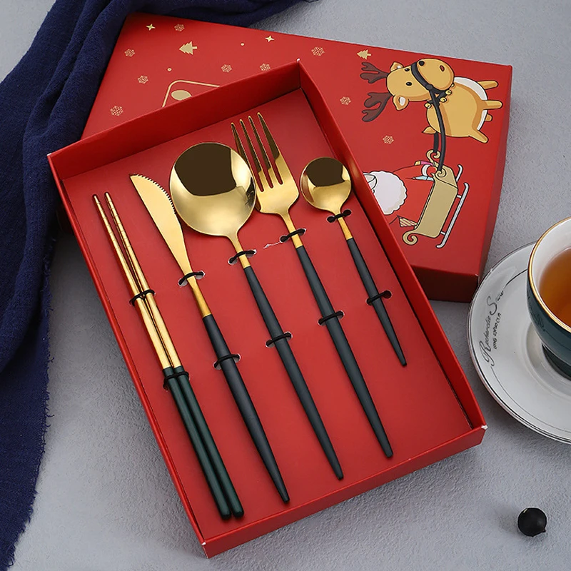 

5 Pieces Christmas Stainless Steel Cutlery Sets High Quality Colorful Knife Fork Spoon Chopsticks Kit Kitchen Xmas Gift Box Set