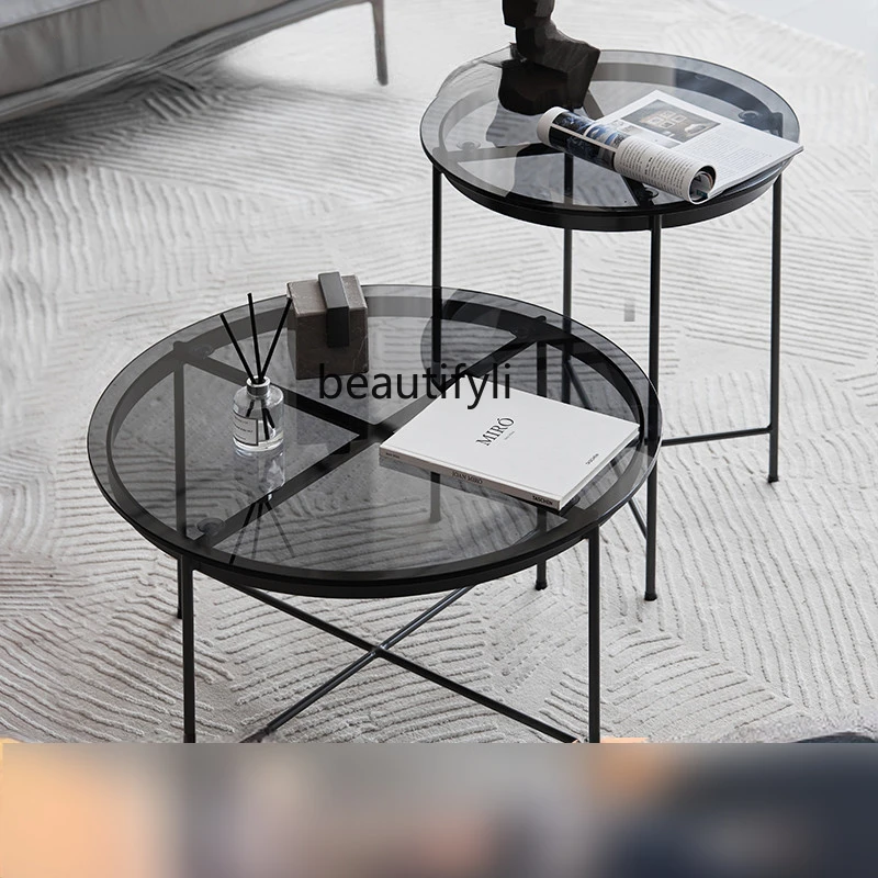 

yj Light Luxury Modern Glass Combined Tea Table Sofa Side Table Retro Balcony Iron Tea Table