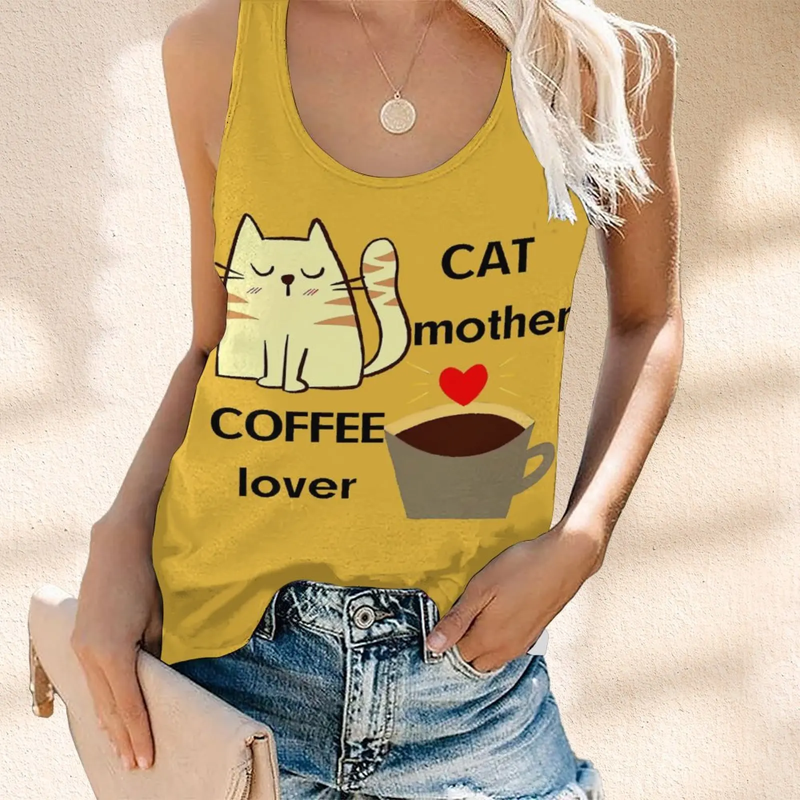 

Новинка Женская Удобная спортивная облегающая пикантная майка 3D Кот Мама кофе влюбленный принт жилет без рукавов с открытой спиной Y2k Топ Футболка