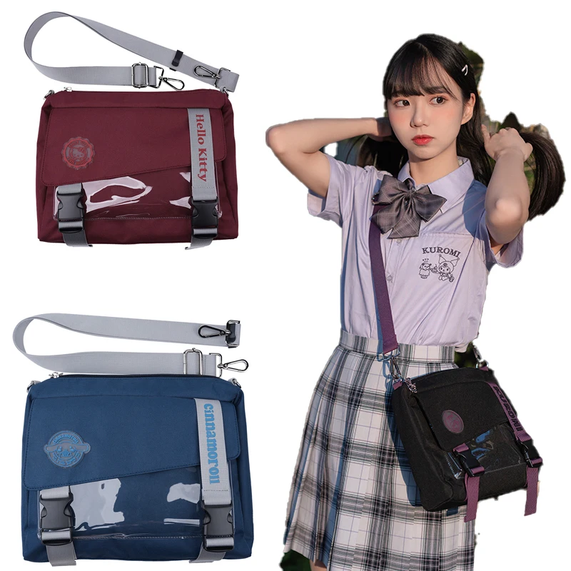

Милая мультяшная сумка-мессенджер Kuromi Cinnamorol с названием шарнира jk Униформа Студенческая холщовая сумка-мессенджер канцелярская сумка чере...