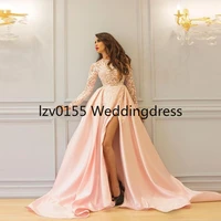 long prom dresses dubai pink jewel neck sexy split skirt sweep train sheer top desigenr appliques vestido de festa