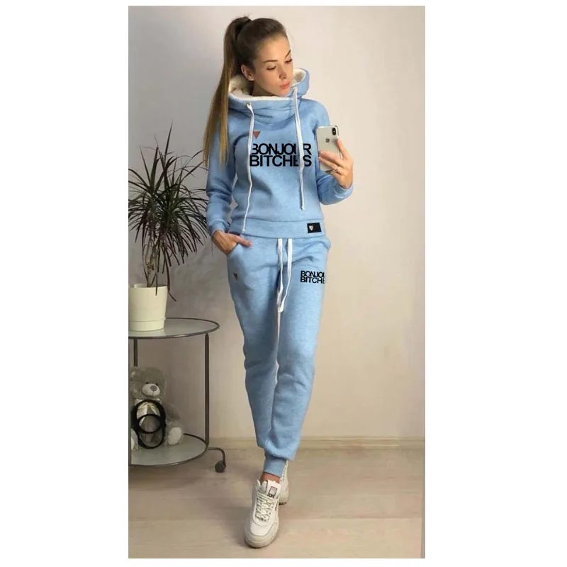 

Fashion Women Sport Suits Autumn Winter Fleece Warm Black Hoodies and Trousers Outfits Casual Fitness Hooded Jogging Suits