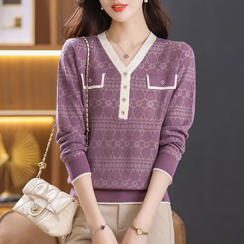 

Autumn Winter Women's Pullover Round Neck Solid Geometric Flocking Button Pocket Long Sleeve Sweater Knitted Casual Elegant Tops