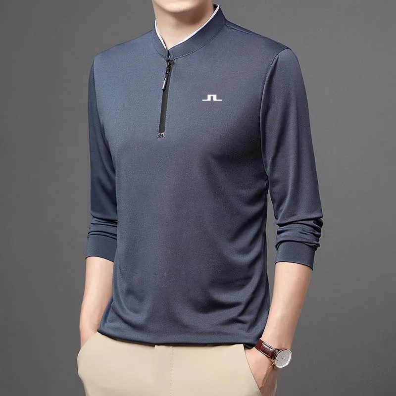 Men's Golf Polo Zipper Spring Clothes Men For T-shirt Long Sleeve Casual Everyday Versatile Wear Solid Color Cotton Top Hiking