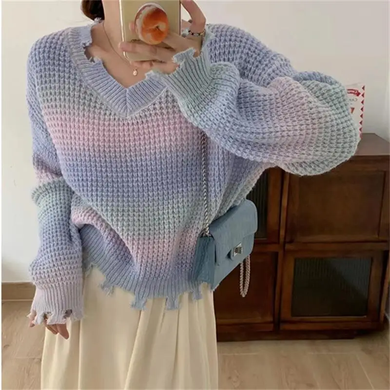 

Hsa 2023 Winter Korean Long Sleeve tie dye Sweater Women Casual Loose V Neck Ladies Pullover Fall Female Splice Clothing Tops