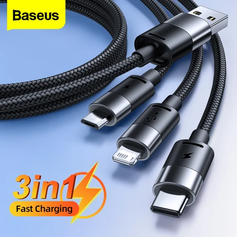 USB-кабель Baseus 3 в 1 для быстрой зарядки iPhone 14 13 12 Pro Max 3,5A Кабель Micro USB типа C для Samsung Xiaomi Redmi Телефонный шнур