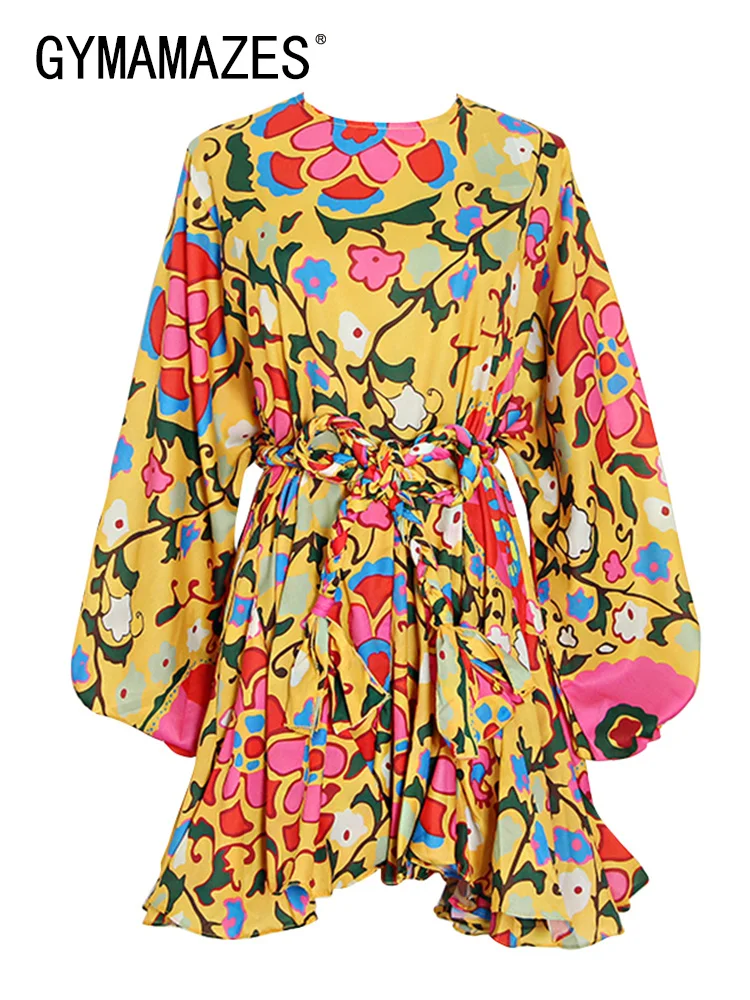 

GYMAMAZES Belt Mini Dress For Women Round Neck Long Sleeve High Waist Print Colorblock Dresses Female Fashion Clothing Style New