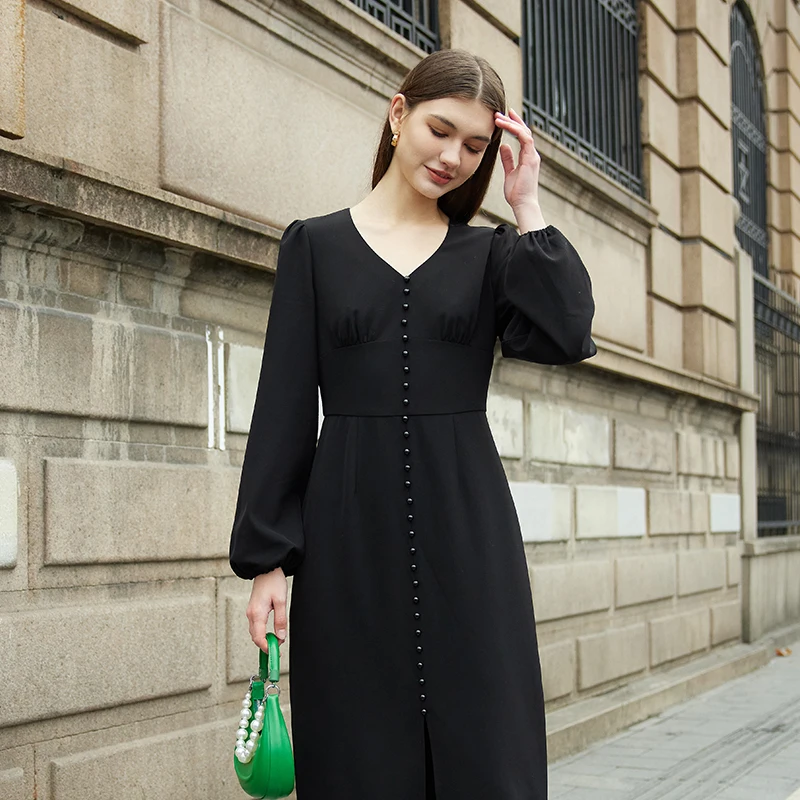 

Women flare sleeve split dress medium long solid color classic single breasted retro fashion