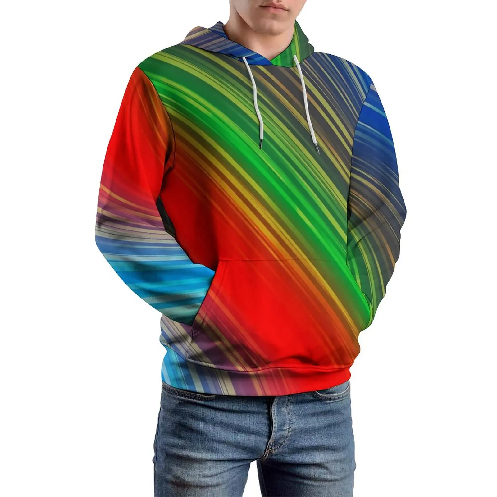 

Rainbow Striped Loose Hoodies Colorful Abstract Fashion Pullover Hoodie Couple Long Sleeve Retro Pattern Sweatshirts Big Size