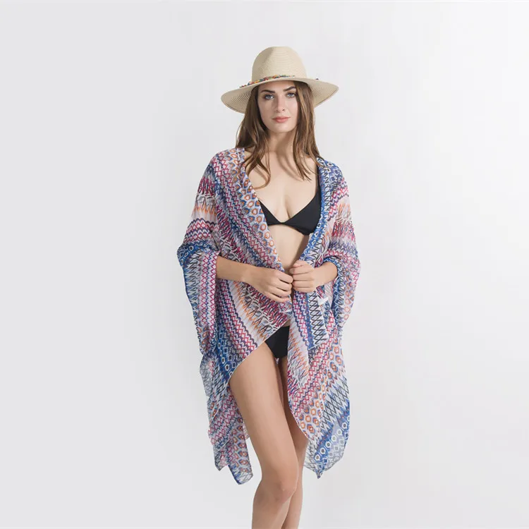 

Geometric Beach Dress Lady Summer Bikini Cover Up Sun Protection Kimono Cardigan Poncho Beach Capes Chiffon Holiday Capes