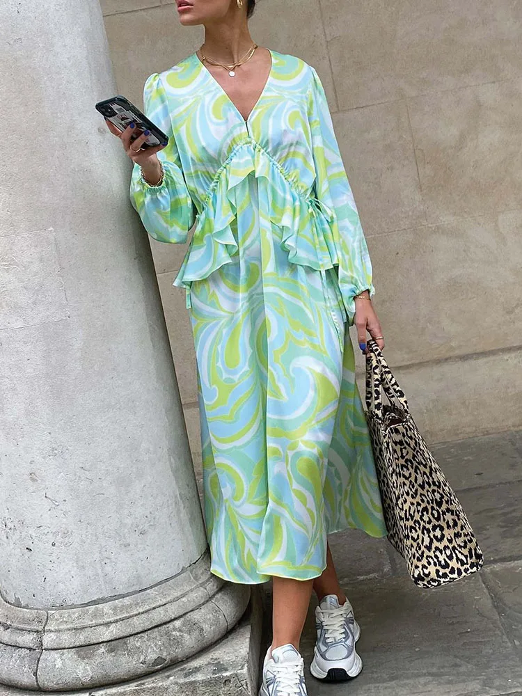

Chic Sexy Deep V Neck Ruffle Boho Dress Women Spring Pattern Print Office Long Dress Elegant Long Sleeve Loose Maxi Beach Dress