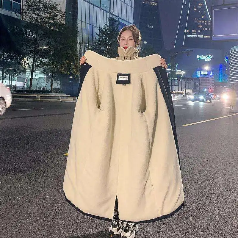 Cashmere thickened cotton coat women's medium length knee length winter Korean ins Hong Kong Style loose cashmere Parka Coat